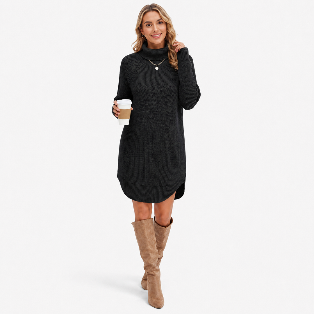 High neck dress for women in Black acrylic knit, shown on one model with long sleeves, solid color and pullover construction.