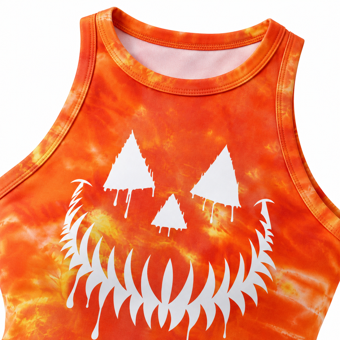 Orange jack-o-lantern crop top neckline print and stitching detail