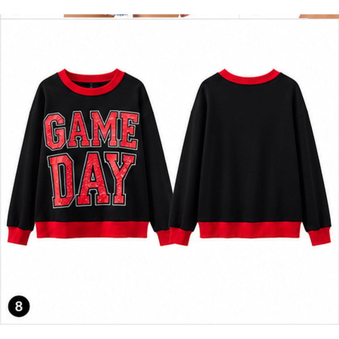 Front and back views of the black and red GAME DAY sweatshirt displayed together on a clean white background.