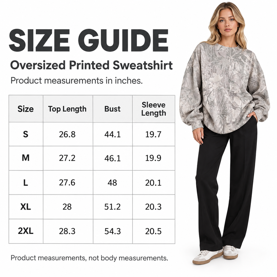 Size guide for the printed crew neck sweatshirt, with the model and S to 2XL garment measurements in inches on a white layout
