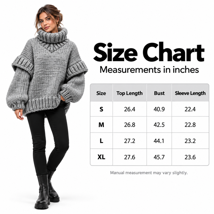 Oversized turtleneck sweater size chart with top length, bust and sleeve measurements