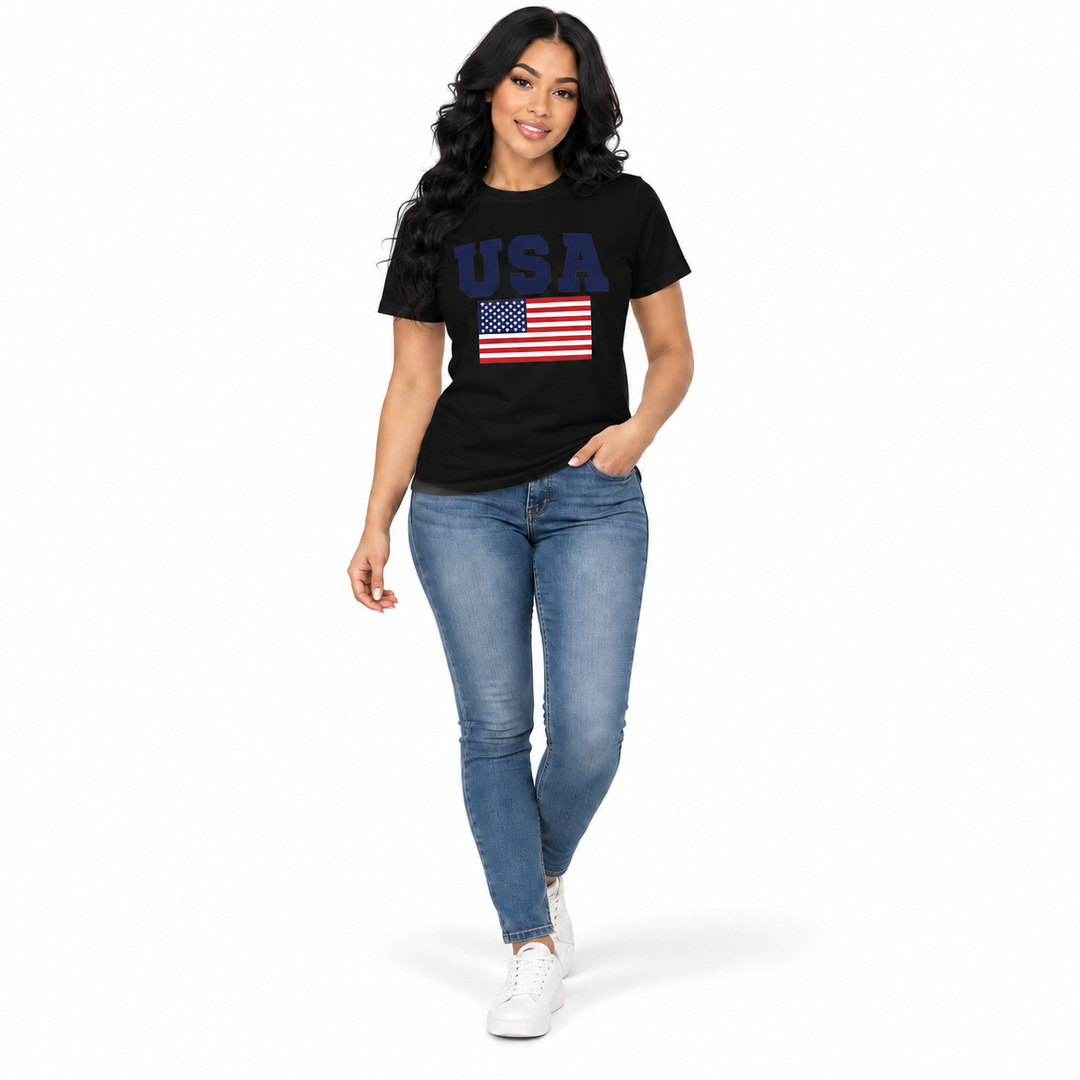 Black USA flag graphic T-shirt on a full-body model, front view.