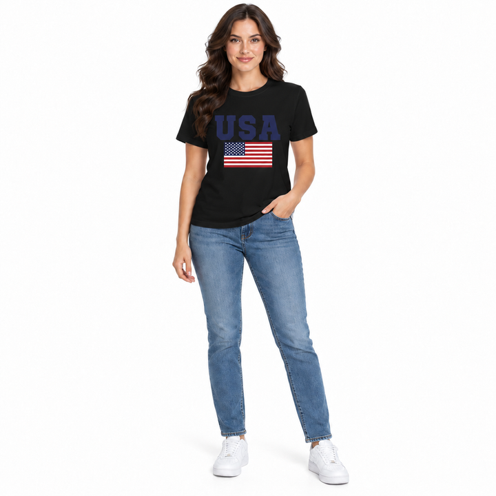 Black USA flag graphic T-shirt on a full-body model, front view.