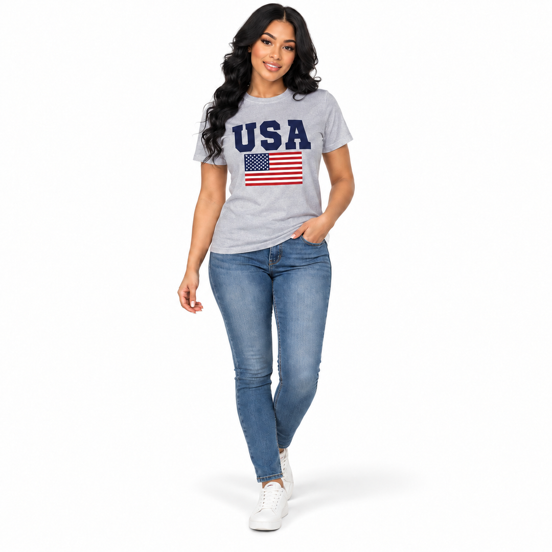 Grey USA flag graphic T-shirt on a full-body model, front view.