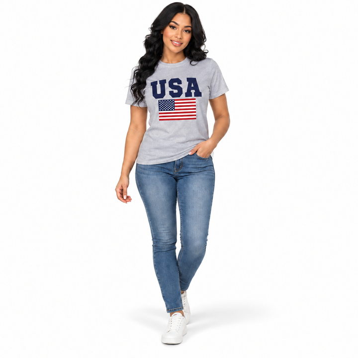 Grey USA flag graphic T-shirt on a full-body model, front view.