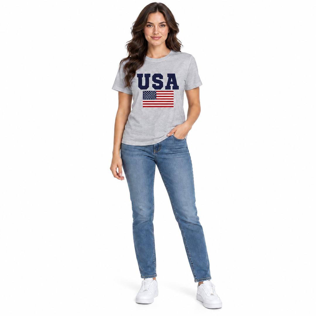 Grey USA flag graphic T-shirt on a full-body model, front view.