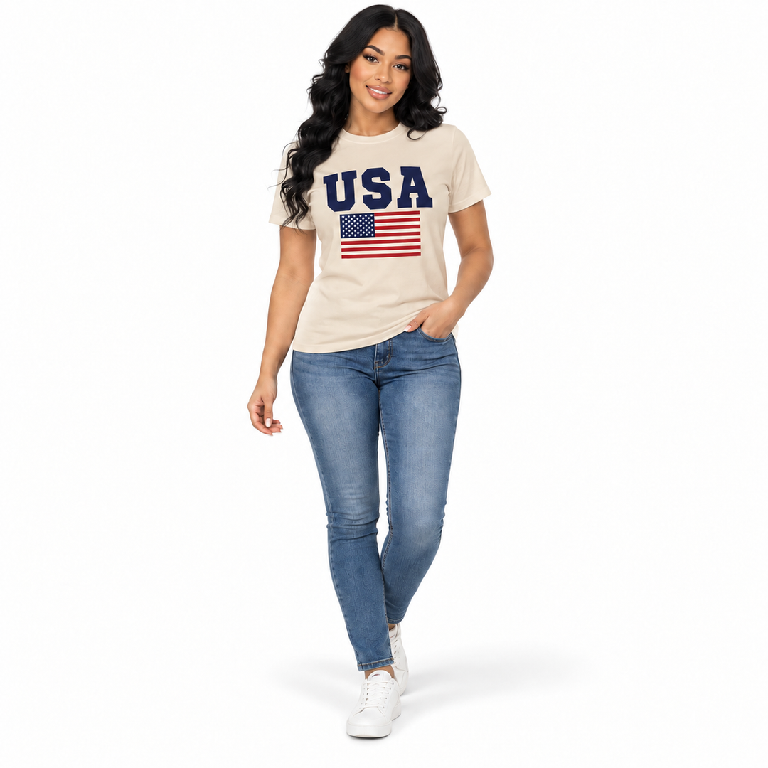 Khaki USA flag graphic T-shirt on a full-body model, front view.