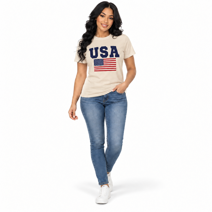 Khaki USA flag graphic T-shirt on a full-body model, front view.