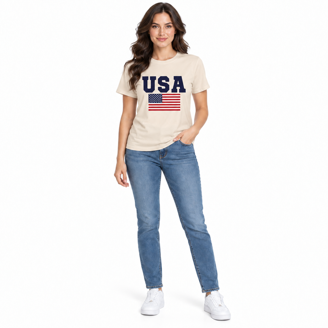 Khaki USA flag graphic T-shirt on a full-body model, front view.