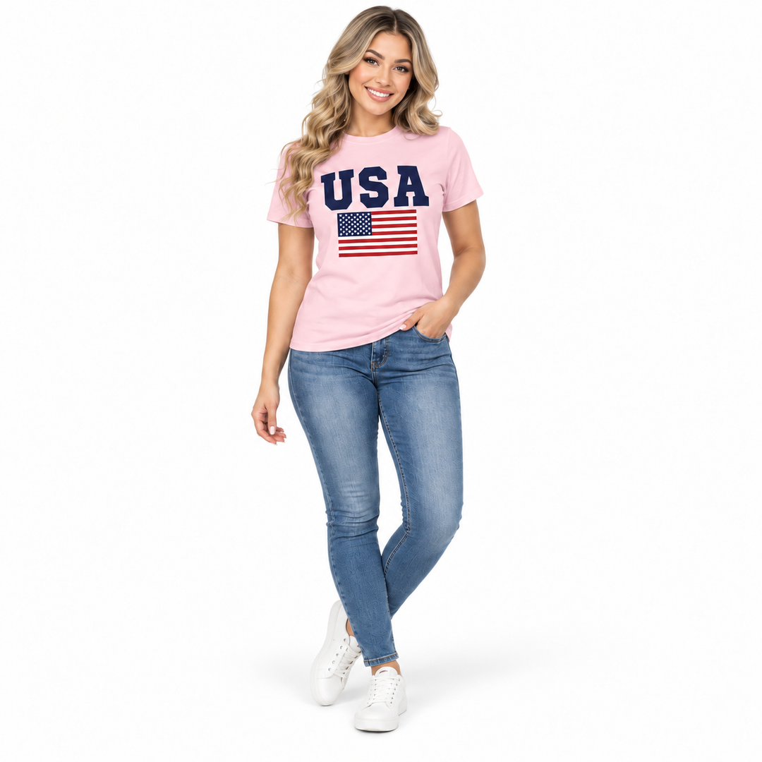 Pink USA flag graphic T-shirt on a full-body model, front view.