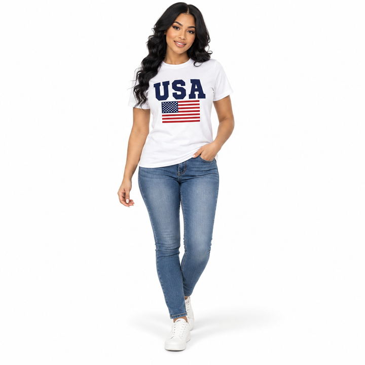 White USA flag graphic T-shirt on a full-body model, front view.