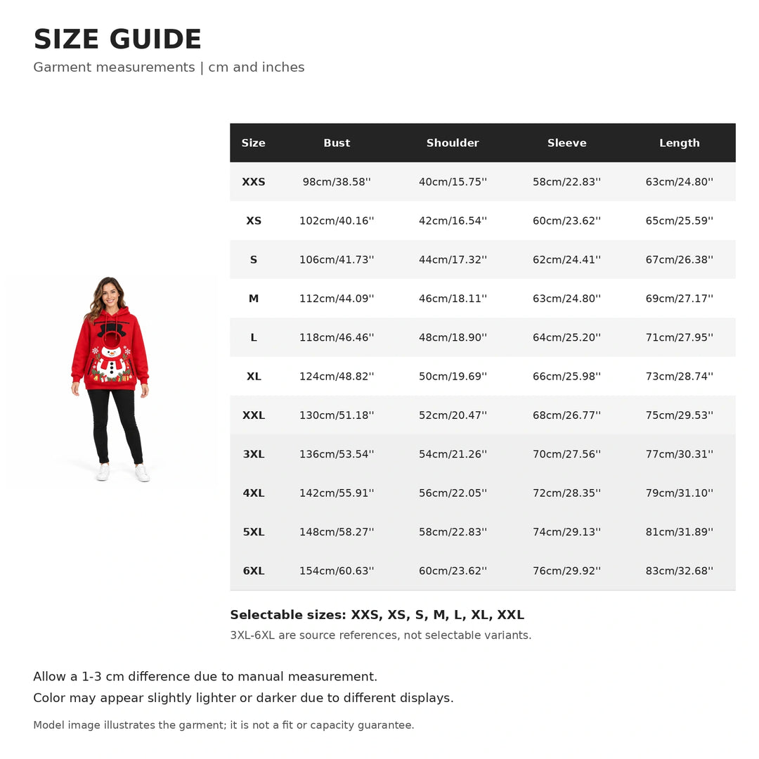 Size guide with snowman hoodie model and all bust, shoulder, sleeve and length measurements in cm and inches from XXS to 6XL.