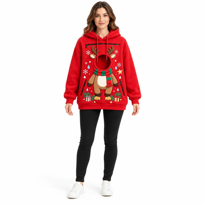 Full-body model wearing a red reindeer pet pouch hoodie with long sleeves, a round front opening and Christmas gift graphics.