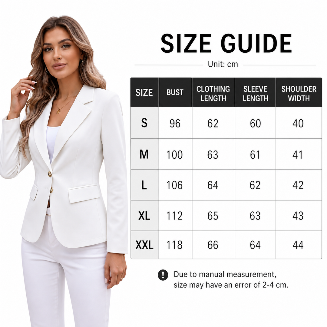 Petite blazer size guide with female model and verified S to XXL bust, clothing length, sleeve and shoulder data in cm chart.