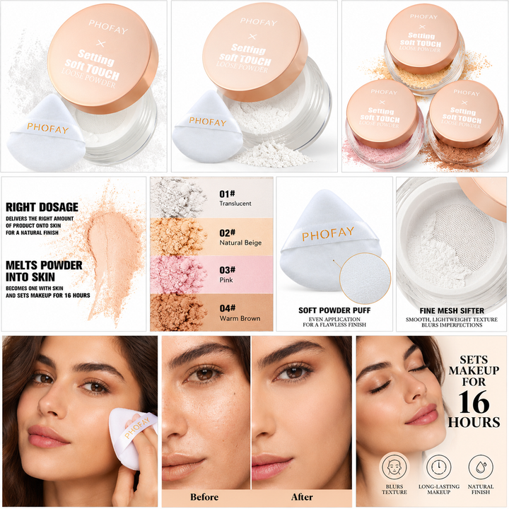 PHOFAY powder feature image with product, application and shade views