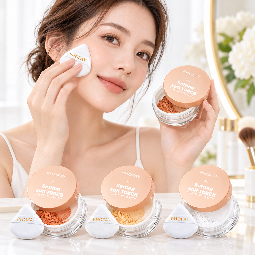 Loose setting powder by PHOFAY shown across visible powder shades