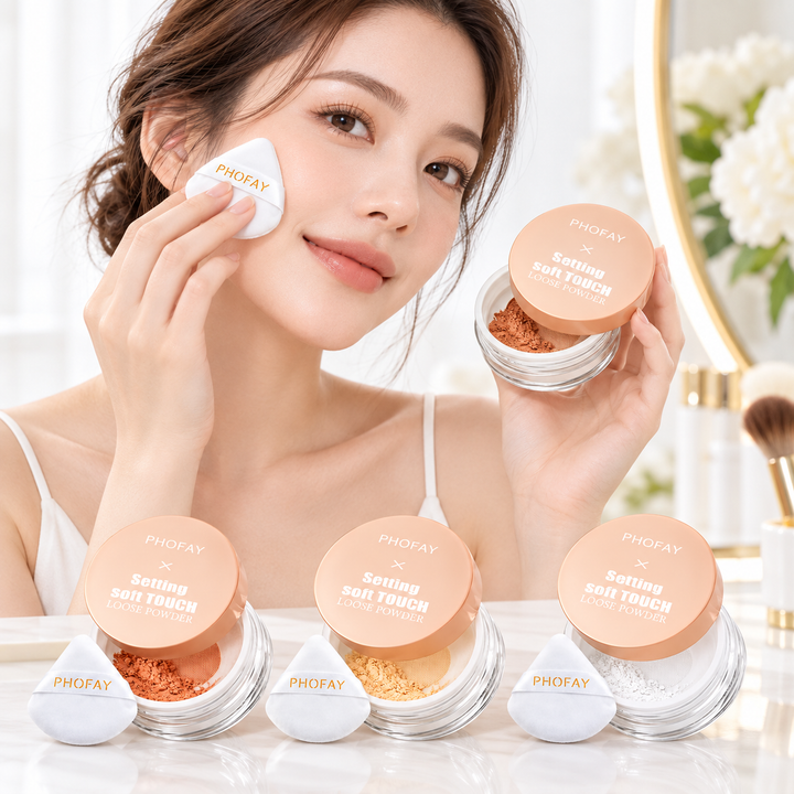 Loose setting powder by PHOFAY shown across visible powder shades