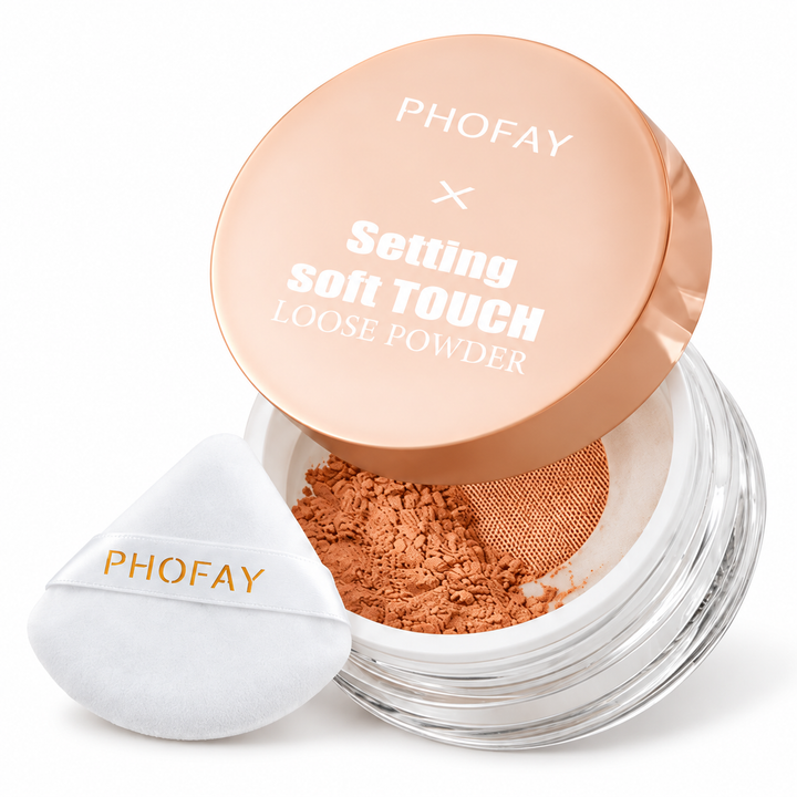 PHOFAY powder product view with rose gold lid and white puff