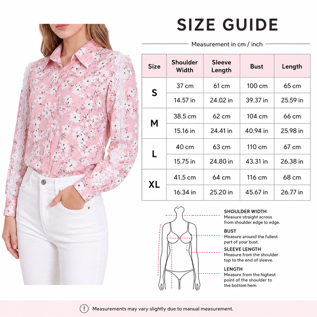 Size guide for pink floral blouse in sizes S to XL, with shoulder, sleeve, bust and length measurements shown in cm and inch.