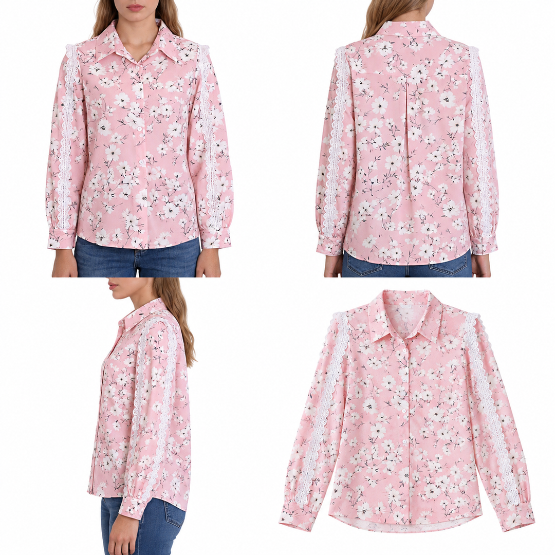 Multi-view presentation of floral blouse shows front, back and side angles with collar, buttons and lace-trimmed long sleeves