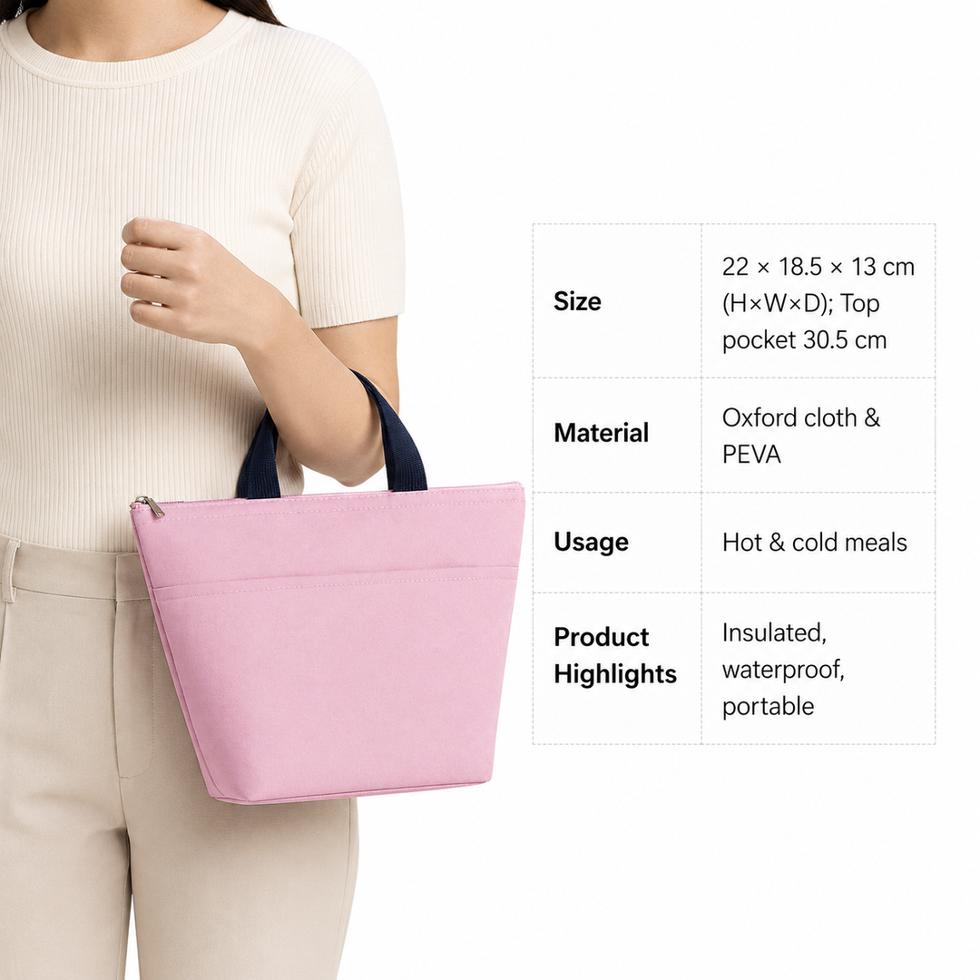 Pink lunch tote size guide with model and verified 22 x 18.5 x 13 cm dimensions, Oxford cloth, PEVA lining and key uses image