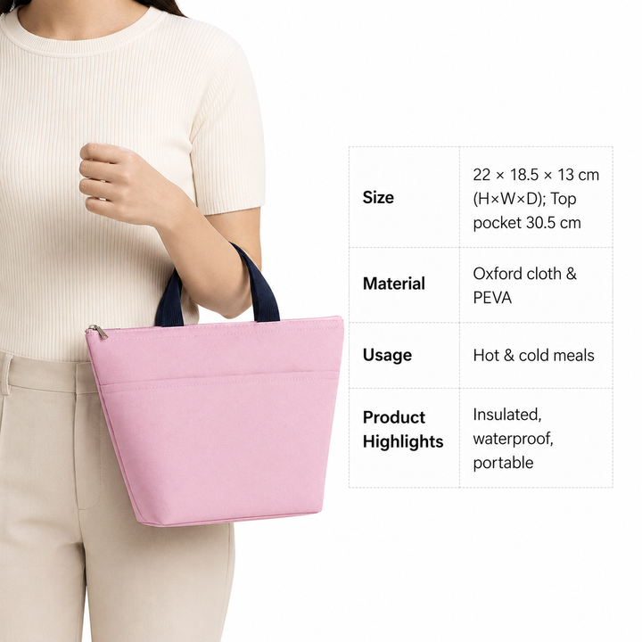 Pink lunch tote size guide with model and verified 22 x 18.5 x 13 cm dimensions, Oxford cloth, PEVA lining and key uses image