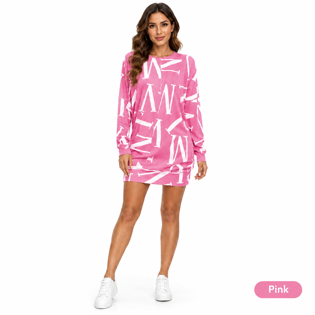 Pink and white letter design variant shown on a full-body model against a white ecommerce background.