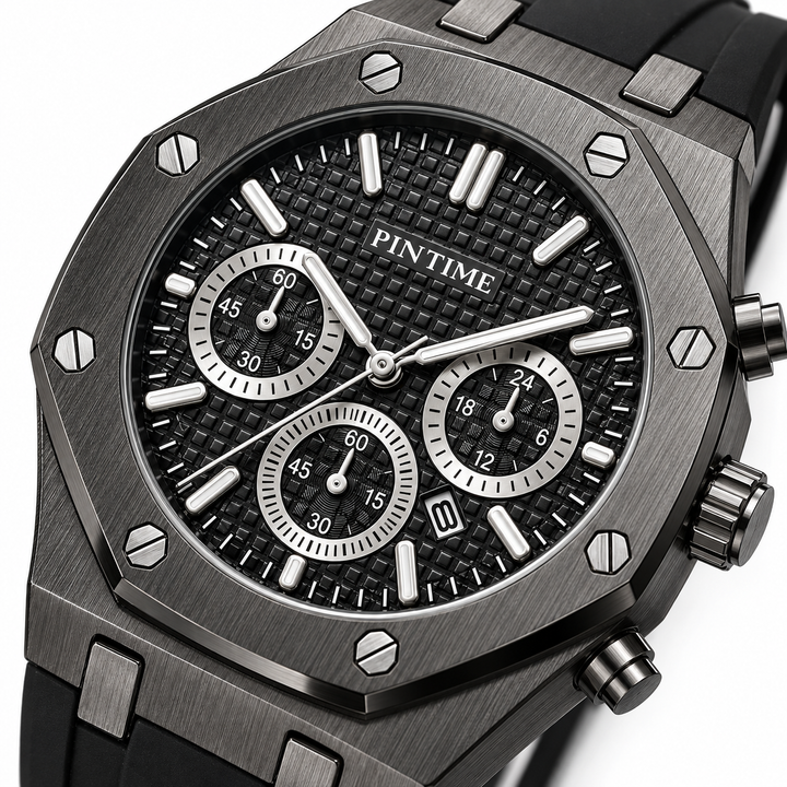 PINTIME black case black dial quartz watch close-up detail