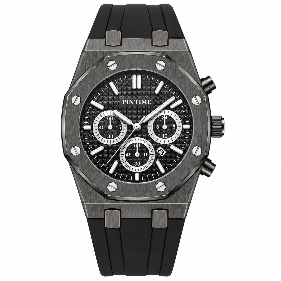 PINTIME black case black dial quartz watch front view