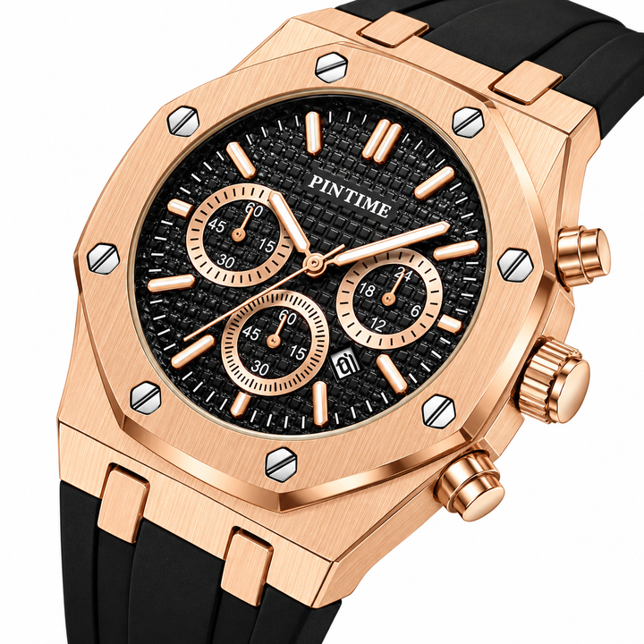 PINTIME rose gold case black dial watch crown and case detail