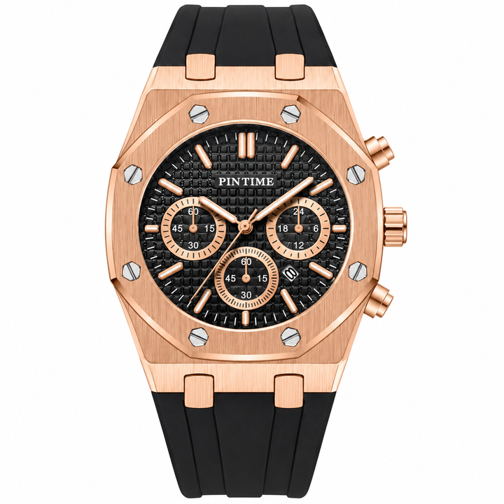 PINTIME rose gold case black dial quartz watch front view