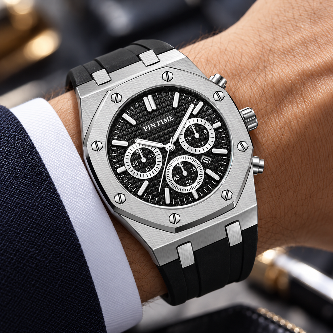 PINTIME silver case black dial quartz watch worn on wrist