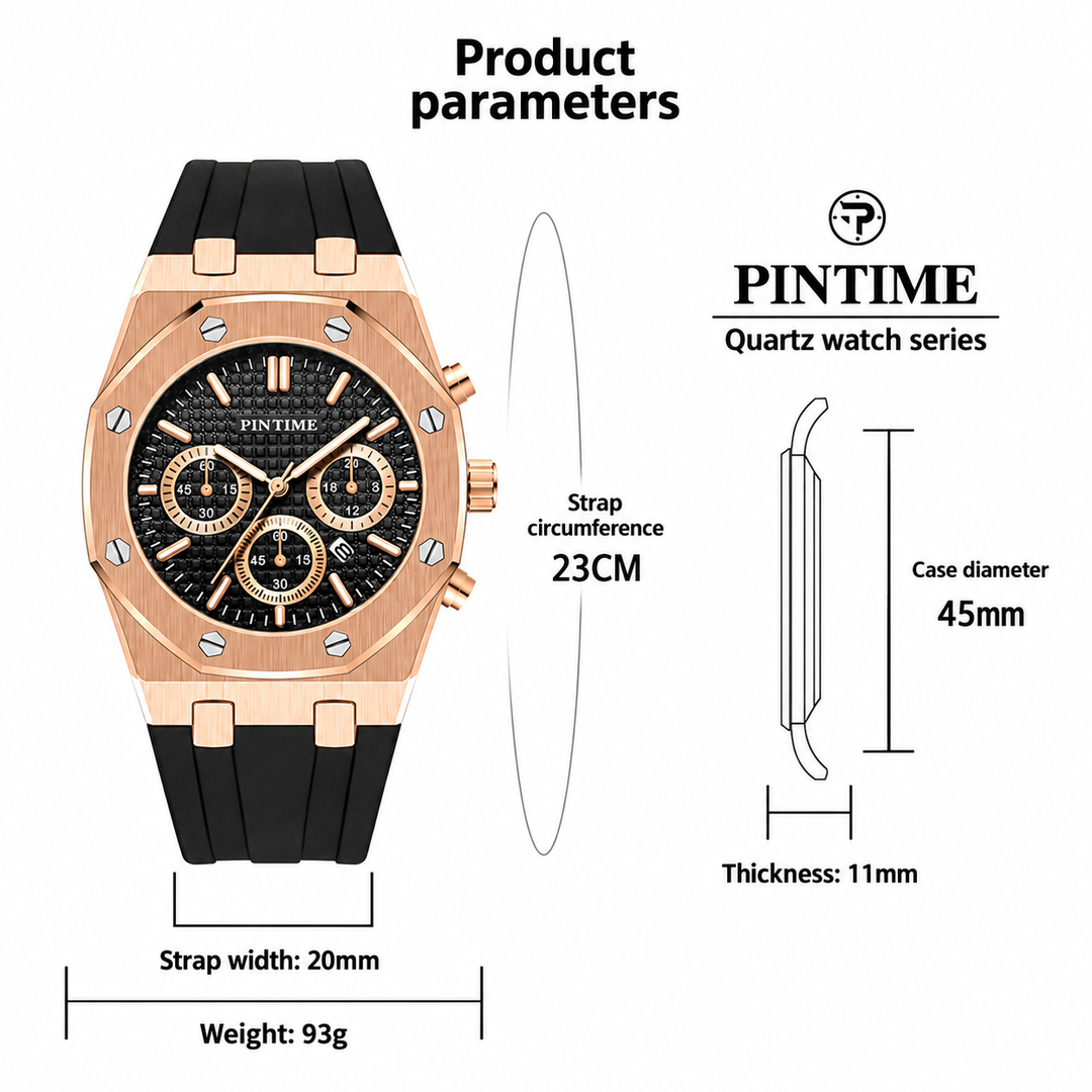PINTIME quartz watch size chart with verified dimensions