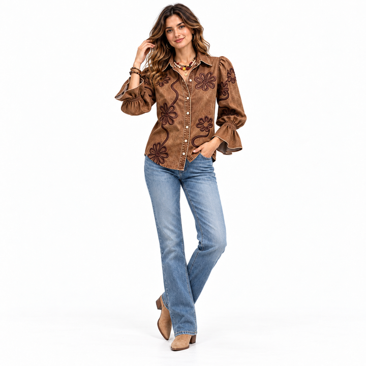 Caramel embroidered shirt alternate front pose