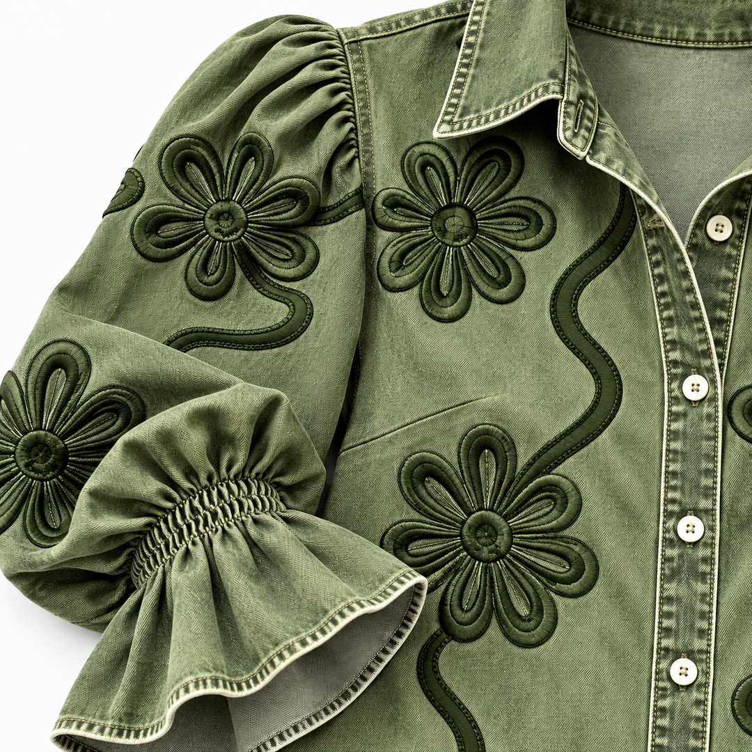 Moss embroidered shirt embroidery and cuff detail