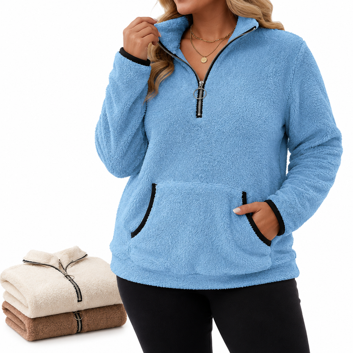Plus-Size Fleece Quarter-Zip Sweatshirt blue hero view highlighting the fleece, quarter zip, and front pocket.