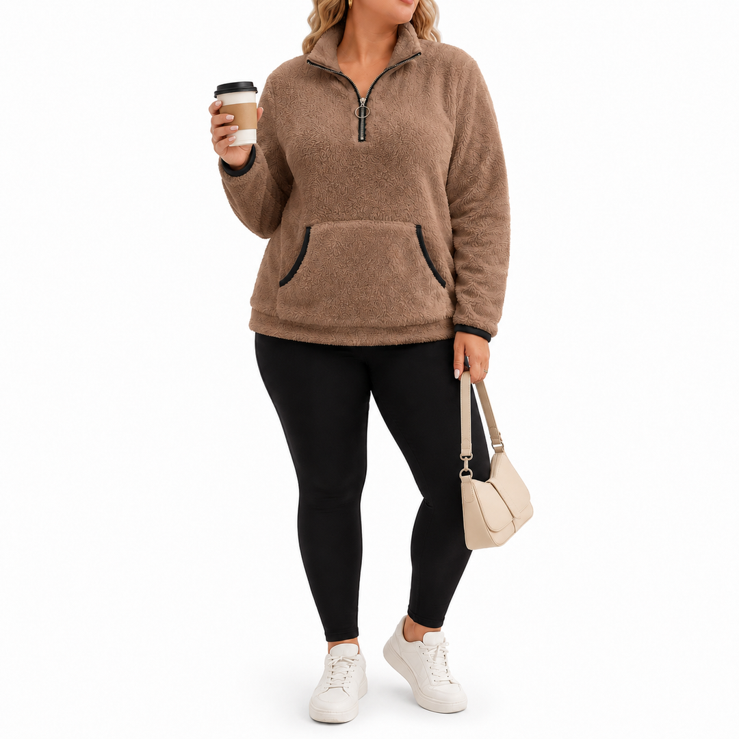 Plus-Size Fleece Quarter-Zip Sweatshirt brown lifestyle view with clean studio styling.