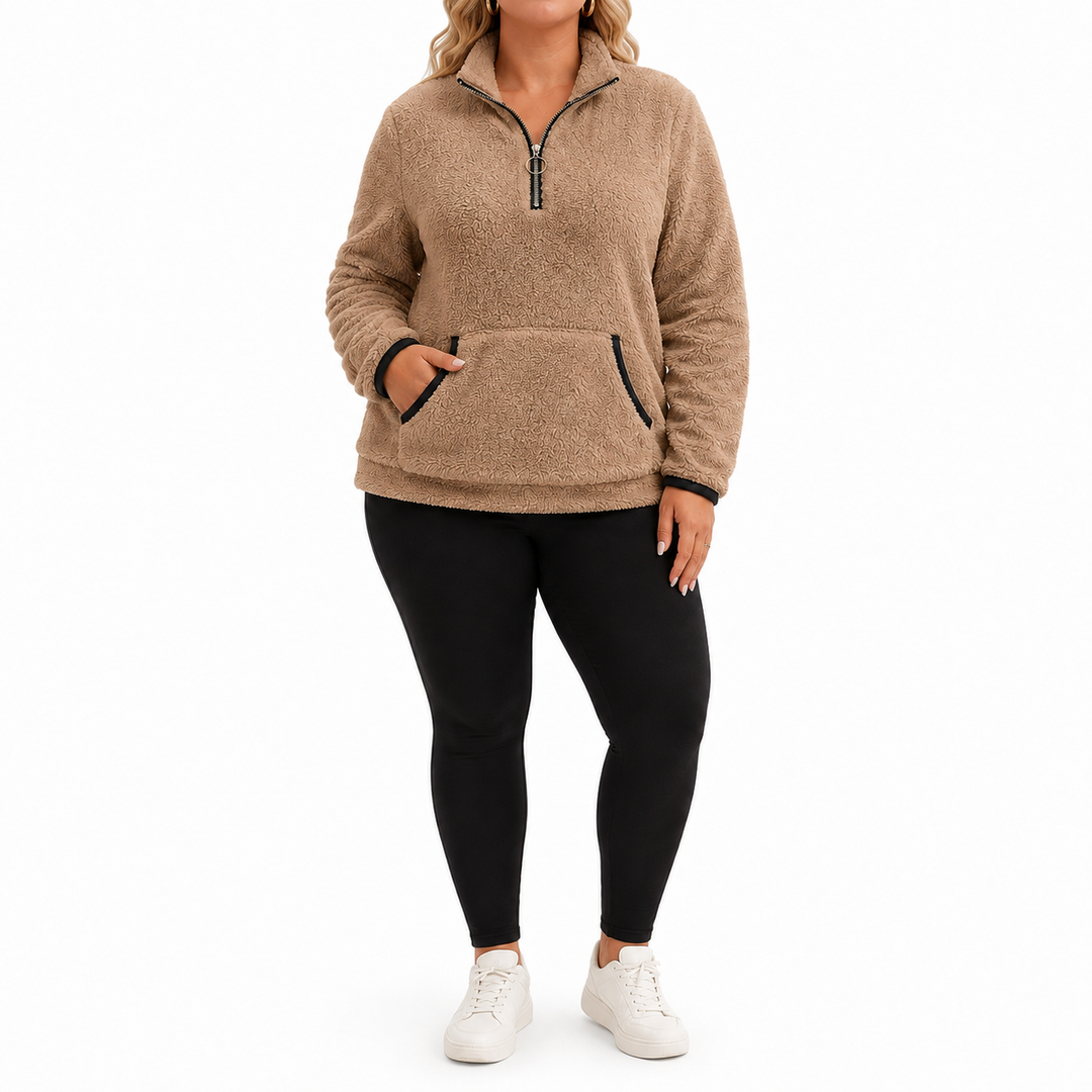 Plus-Size Fleece Quarter-Zip Sweatshirt khaki front view showing the quarter zip and pocket.