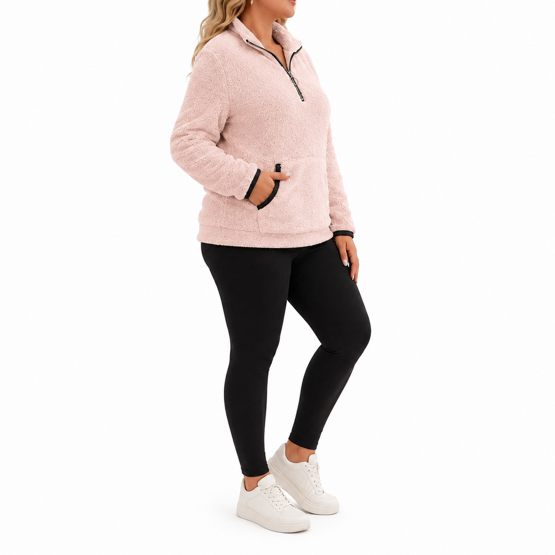 Plus-Size Fleece Quarter-Zip Sweatshirt pink side view showing the fit and fleece texture.
