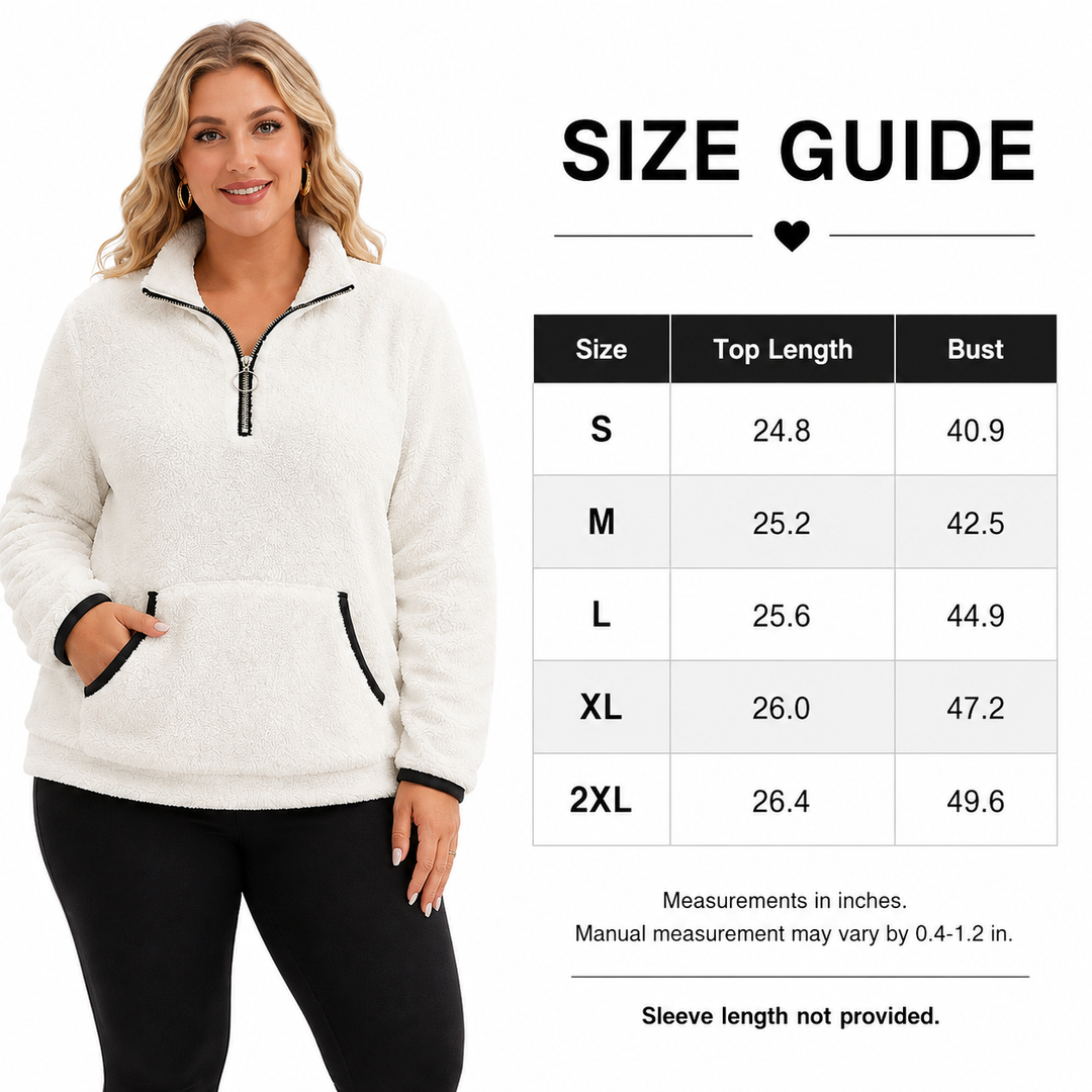 Plus-Size Fleece Quarter-Zip Sweatshirt size guide with verified top length and bust measurements in inches.