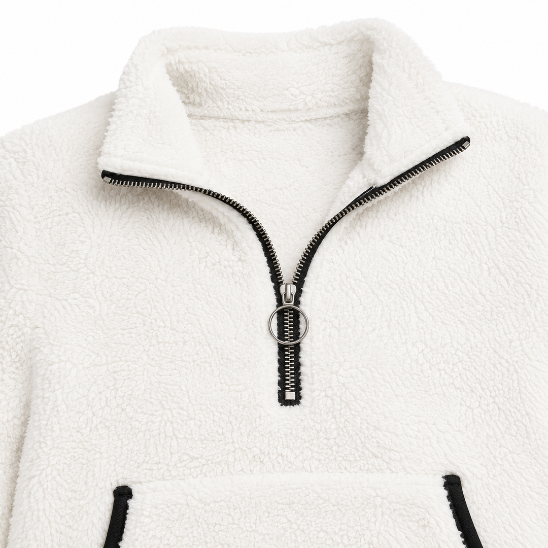 Plus-Size Fleece Quarter-Zip Sweatshirt white close-up showing the collar, ring zipper pull, and fleece texture.