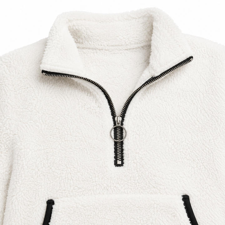 Plus-Size Fleece Quarter-Zip Sweatshirt white close-up showing the collar, ring zipper pull, and fleece texture.
