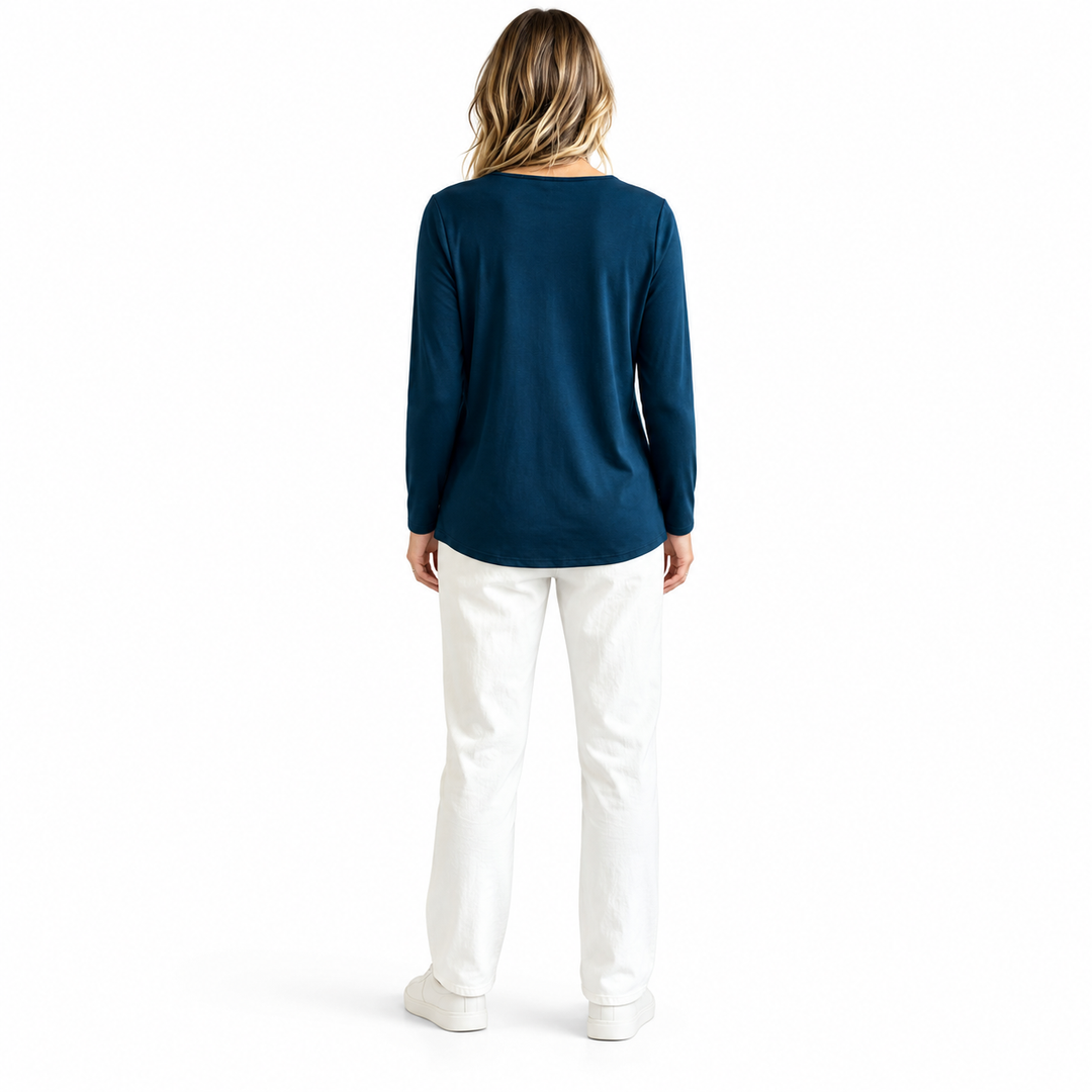 Navy top shown from the back