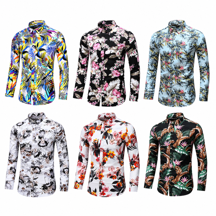 Catalog grid of six floral and tropical print variants of the plus-size men&