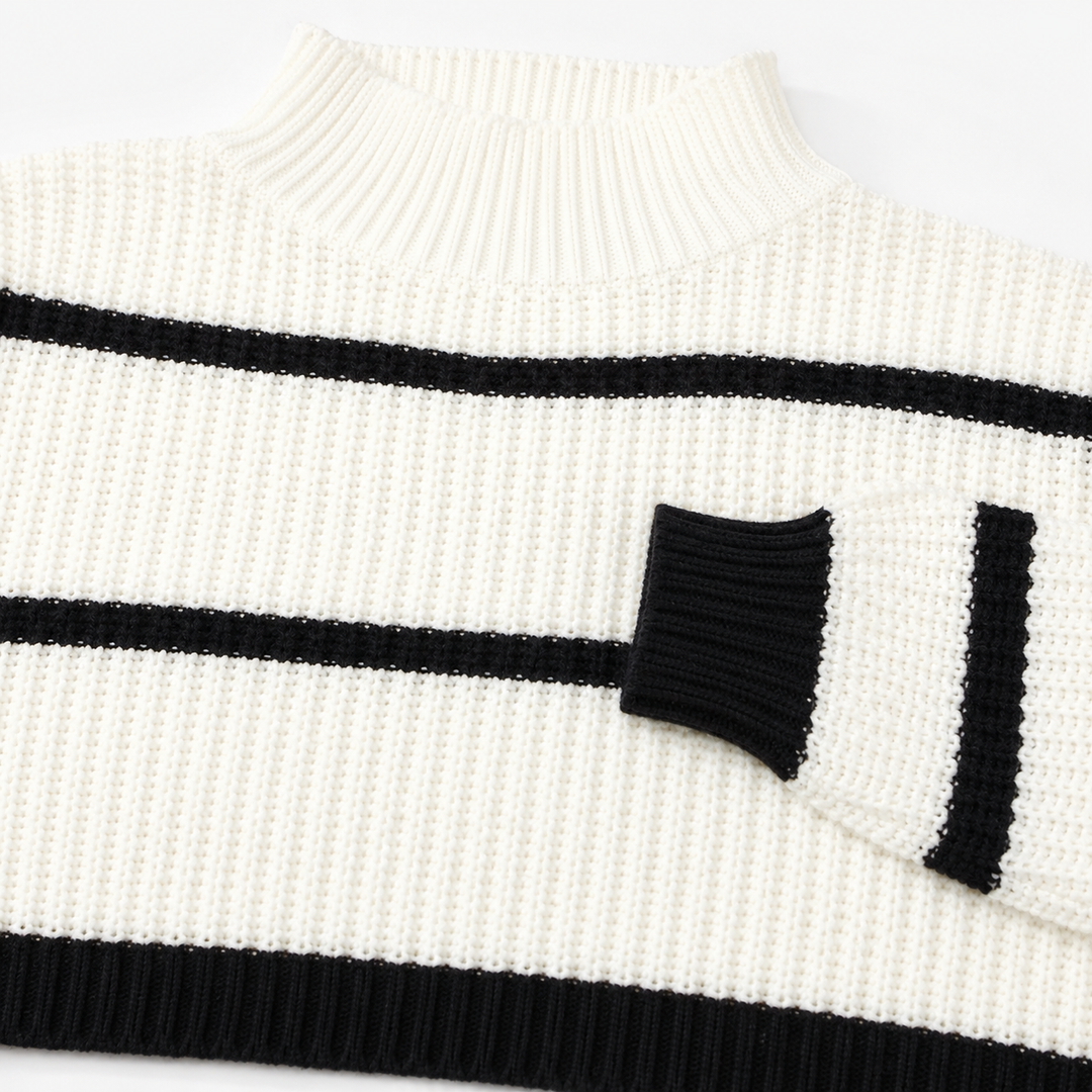 Detail view of the white sweater showing the ribbed mock neck, black cuff, stripe placement, and black ribbed hem finish.