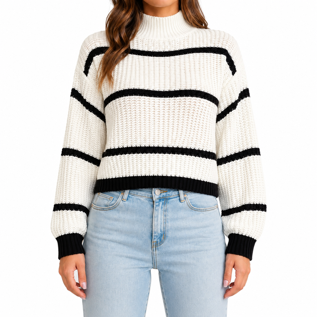 Plus-Size Striped Mock-Neck Sweater in white shown from the front with black stripe placement and ribbed mock-neck details.