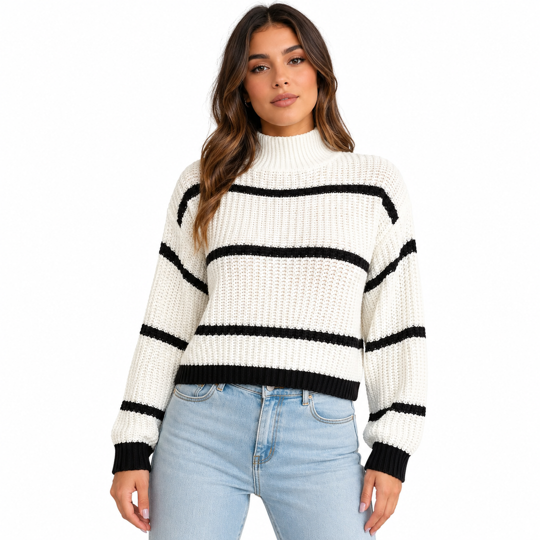 Plus-Size Striped Mock-Neck Sweater in white shown on a female model with black stripes, ribbed trim, and clean studio styling.