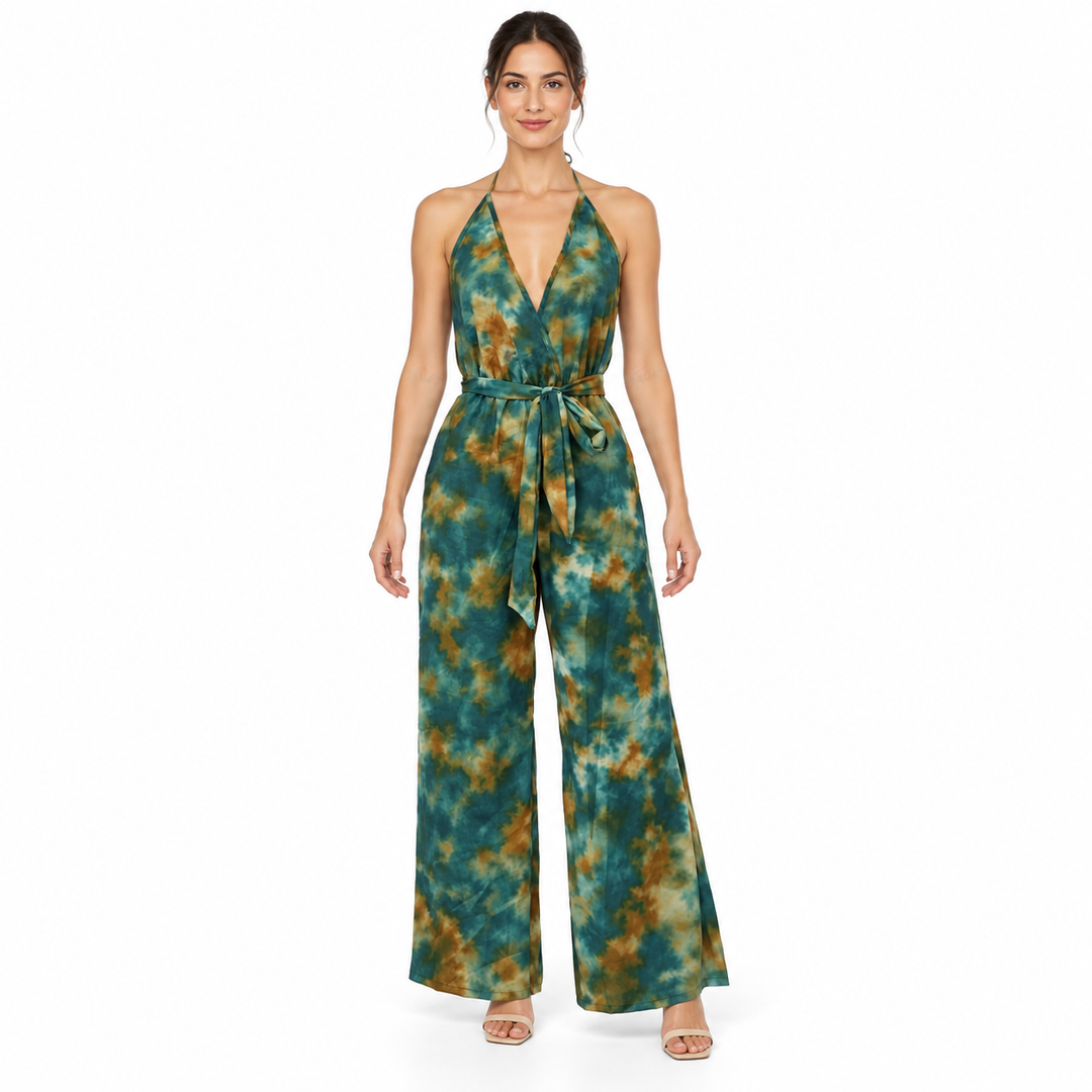 Front view of dark green halter jumpsuit with wide legs and matching waist tie