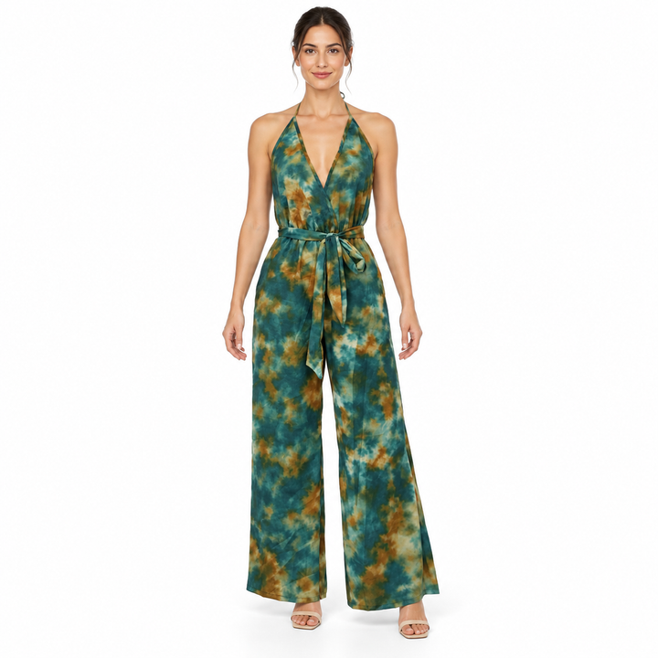 Front view of dark green halter jumpsuit with wide legs and matching waist tie