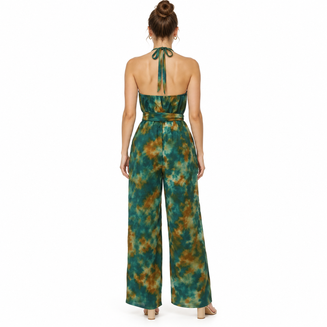Back view of halter jumpsuit showing neck ties, open upper back and wide legs
